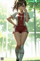 A girl in a red and white soccer uniform standing in the grass.