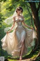 A woman in a wedding dress walking through a forest.