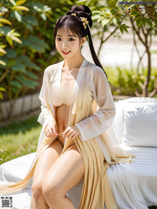 A woman in a white robe sitting on a white couch.