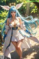 A woman with long blue hair wearing a white dress and a crown.