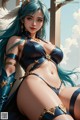 A woman with blue hair wearing a blue and gold outfit.