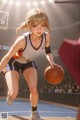 A woman in a basketball uniform holding a basketball on a court.